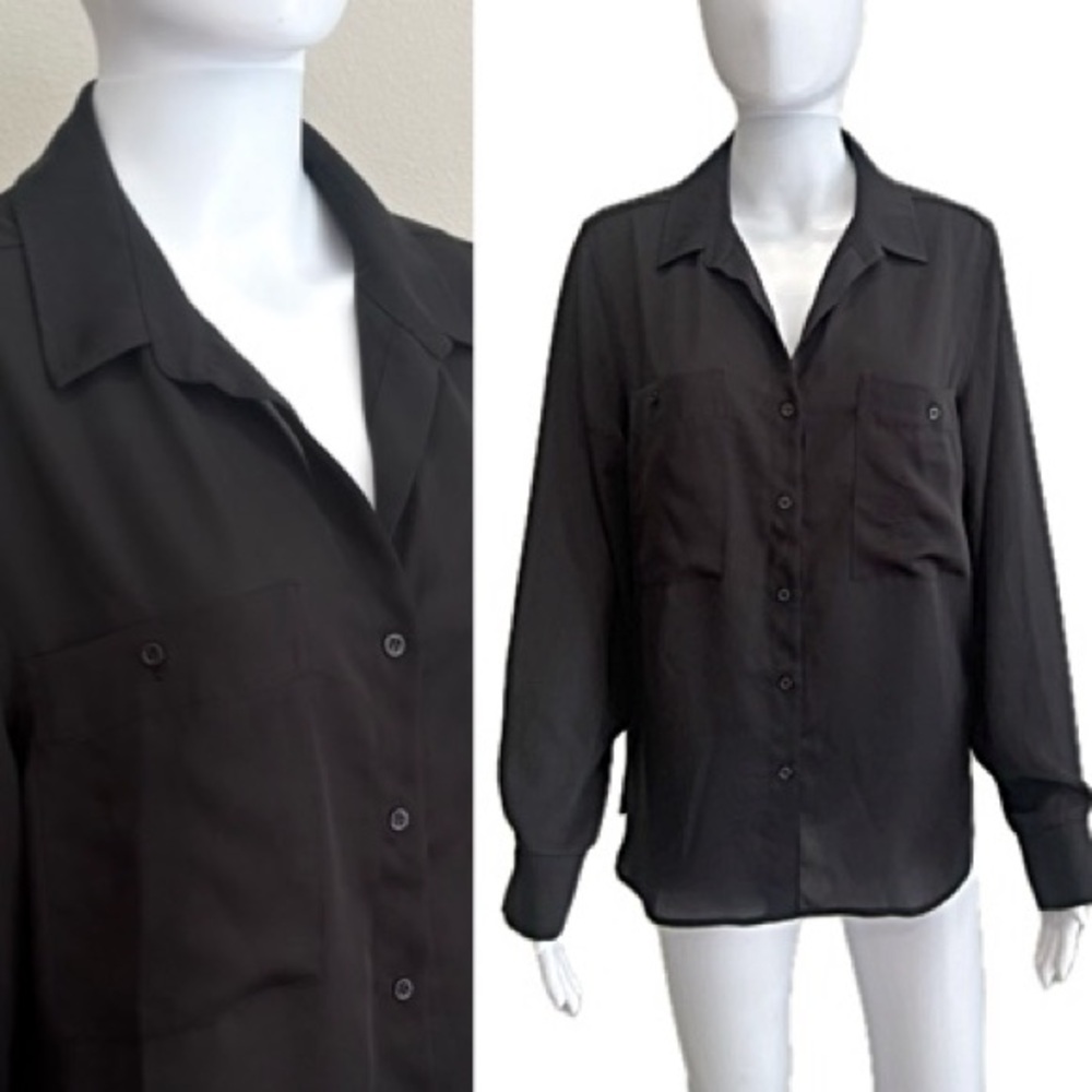 Comune  Black Long Sleeve Button Down Camp Shirt Womens Size Large Chest Pockets